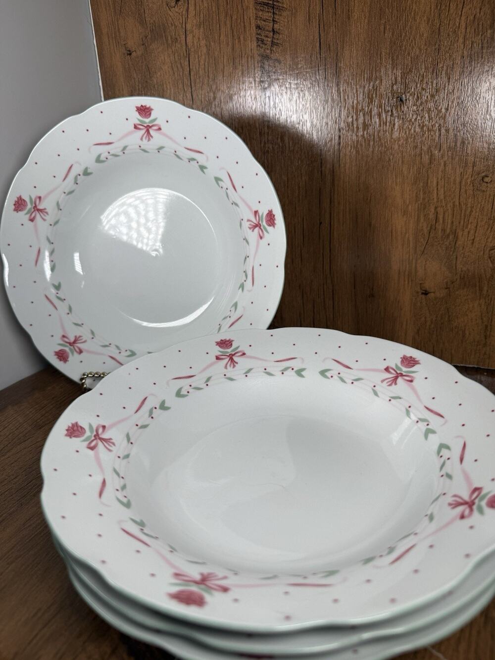 Shabby Chic Pink Rose Ribbon Wide Rim Shallow Bowls 9” Set of 4